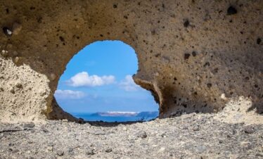 Heart of Santorini with caldera view background made from mixed ashes and pomice stones located in Santorini, greece