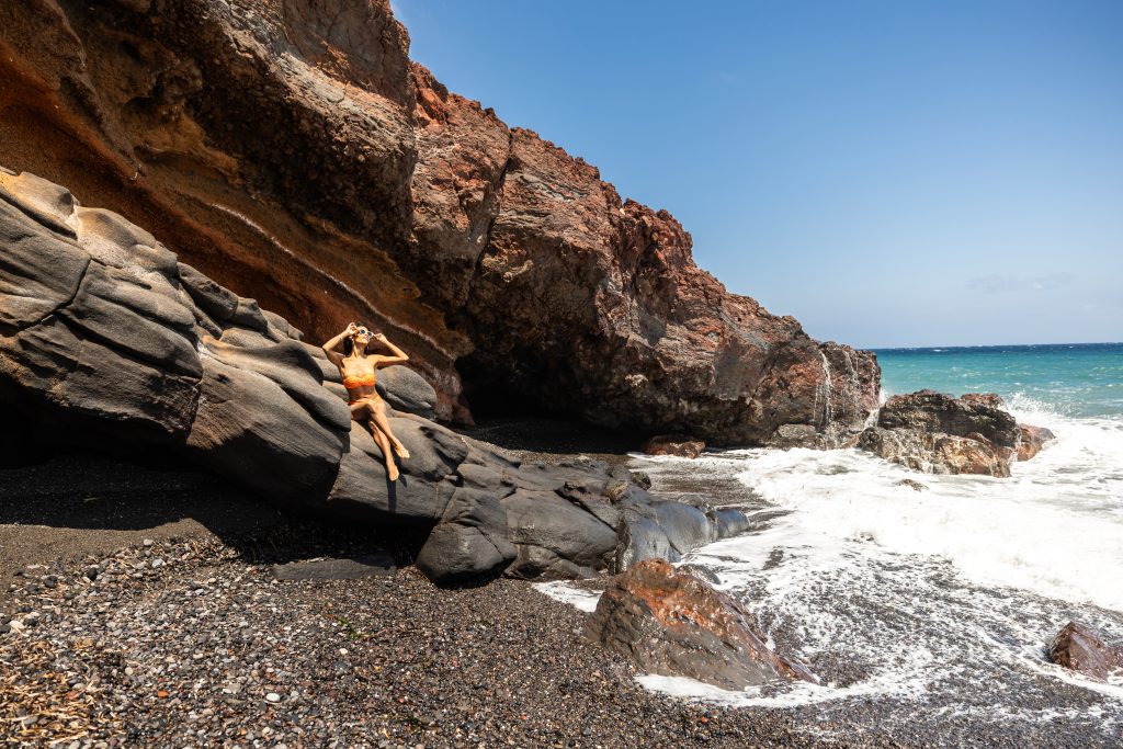 Solo photography at the Black beach of Santorini