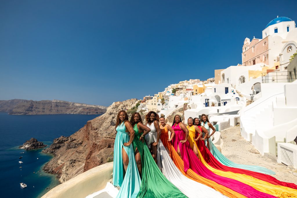 group flying dress photography Santorini