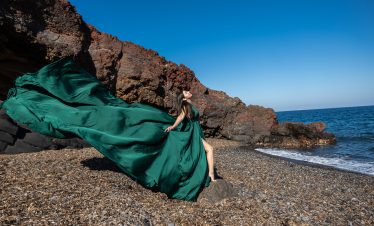 green long dress photoshoot in Santorini