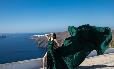 Green flying dress in Santorini photo shoot