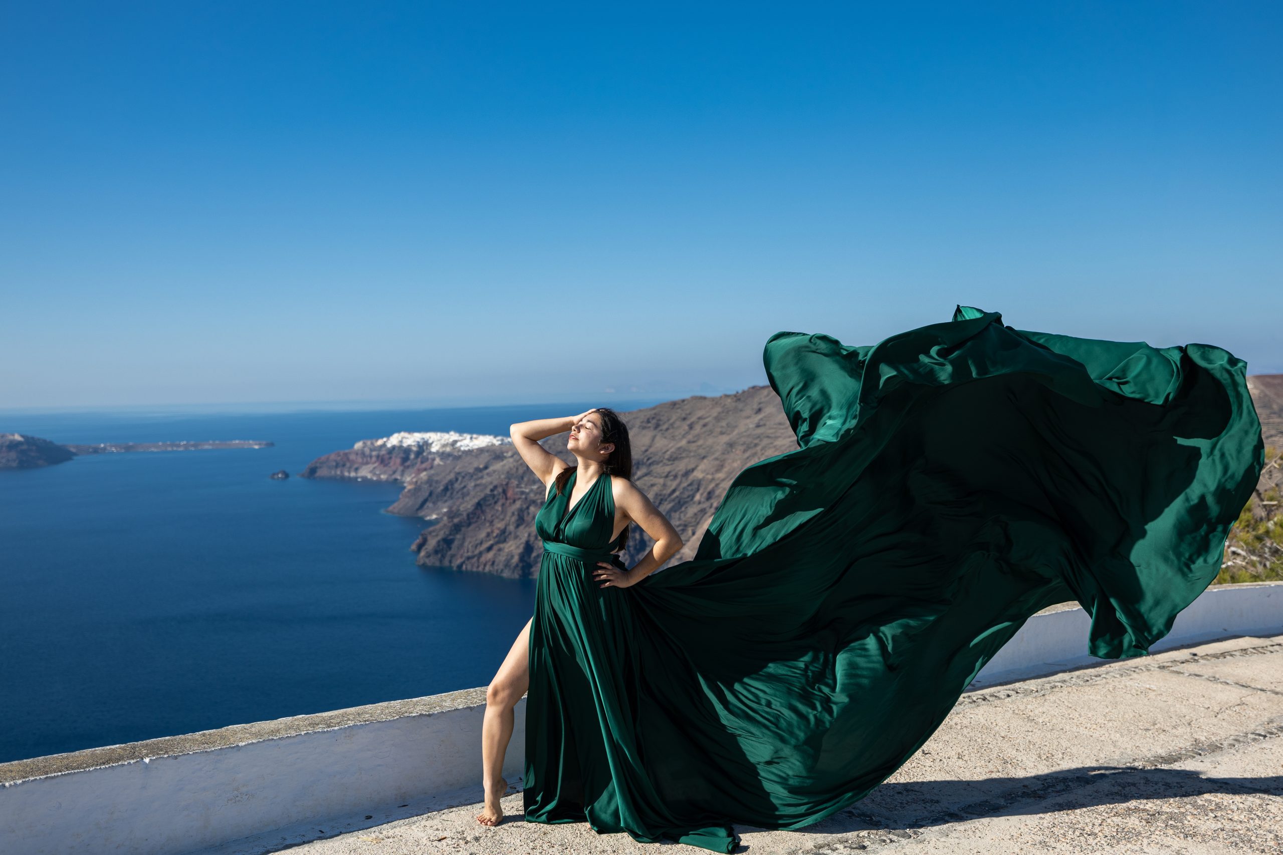 Green flying dress in Santorini photo shoot